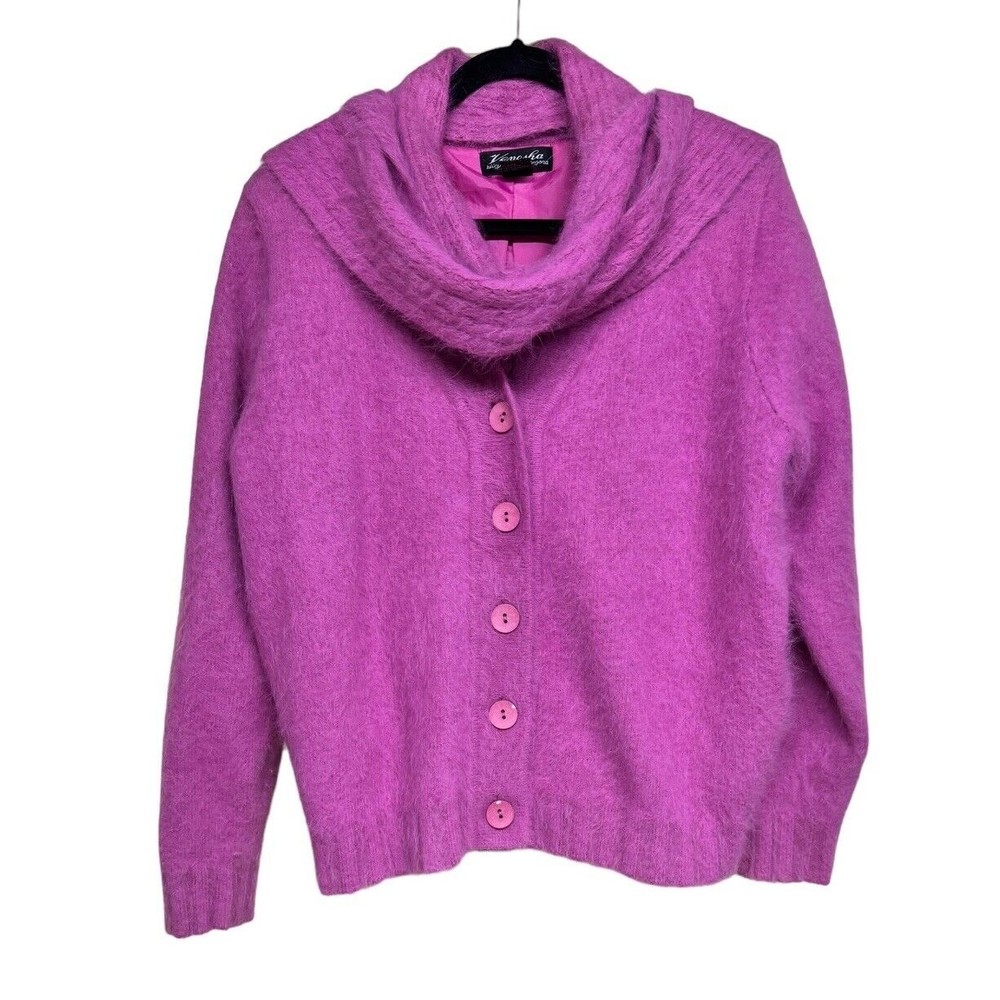 Venesha Angora Cardigan Sweater Attached Scarf Lined Jacket Pink‎ Women’s Medium